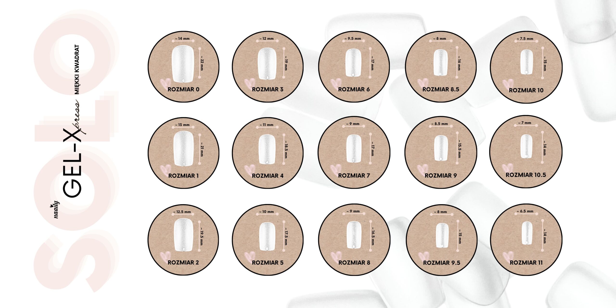 Wymiary pojedyńczych tipsów Gel-Xpress SOLO Naaily
